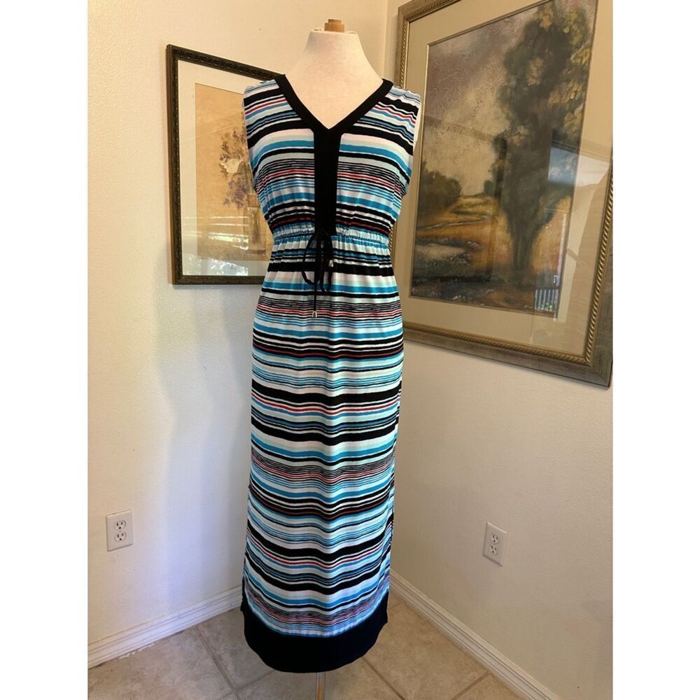 JONES NEW YORK Striped V-Neck Maxi Dress - Multicolor w/ Drawstring Size Med - Picture 7 of 13
